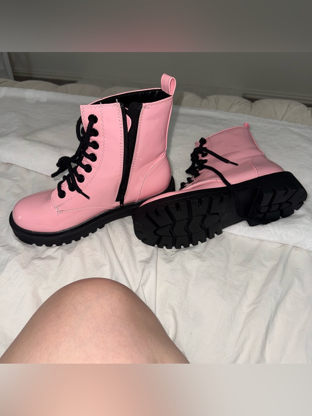 Soda Pink Lace-Up Combat Boots with Black Soles - Picture 3 of 5
